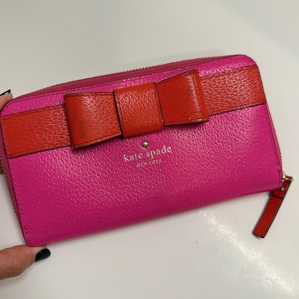 Kate Spade Colorblock Bow Leather Zip-Around Wallet | Bright Pink & Red - Picture 8 of 8